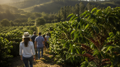 Visitantes percorrem um cafezal no Brejo Paraibano durante experiência de turismo rural com degustação de cafés especiais.