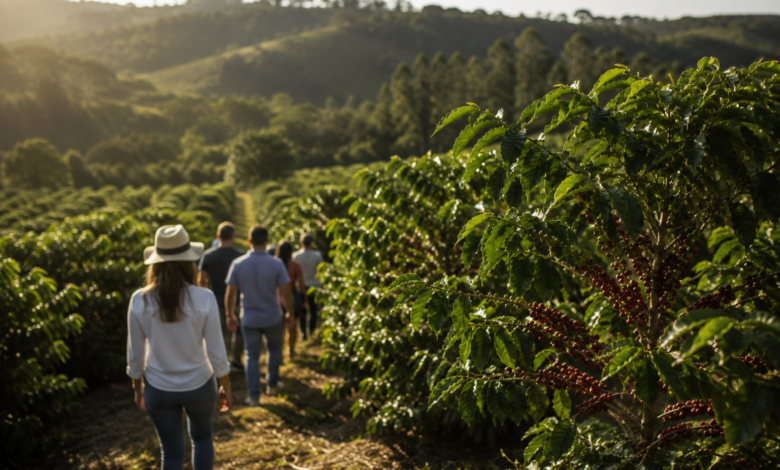 Visitantes percorrem um cafezal no Brejo Paraibano durante experiência de turismo rural com degustação de cafés especiais.