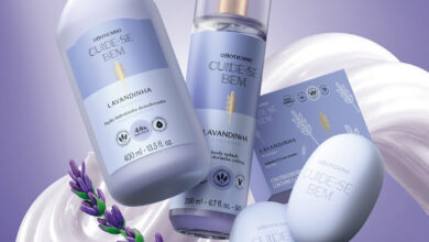 Produtos da linha Cuide-se Bem Lavandinha, de O Boticário, com loção hidratante, body splash e sabonete em barra.
