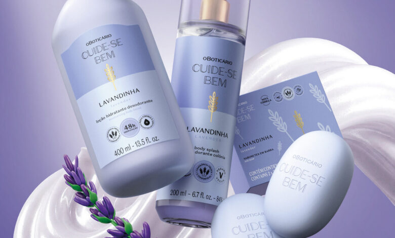 Produtos da linha Cuide-se Bem Lavandinha, de O Boticário, com loção hidratante, body splash e sabonete em barra.