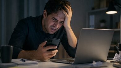 Adulto usando celular durante período prolongado de exposição às telas