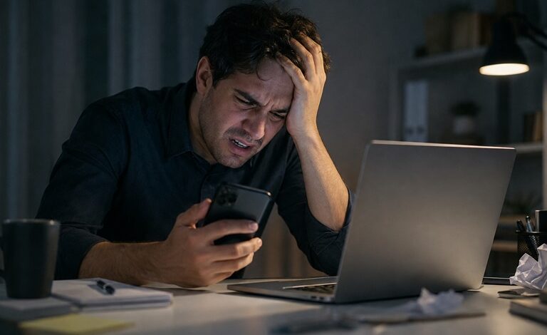 Adulto usando celular durante período prolongado de exposição às telas